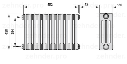 Схема (чертеж) Радиатор Zehnder Charleston 4045/12 №1270 Белый глянцевый RAL 9016